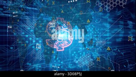 Glowing neon brain icon pulsing over digital interface with world map silhouette and circuit lines Stock Photo