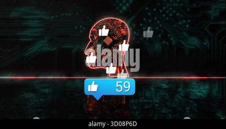 Hovering circuit board head above reflective surface displaying blue bubble showing 59 thumbs-ups Stock Photo