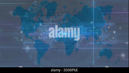 Displaying world map on heads-up display with glowing data network, light burst, grid overlay Stock Photo