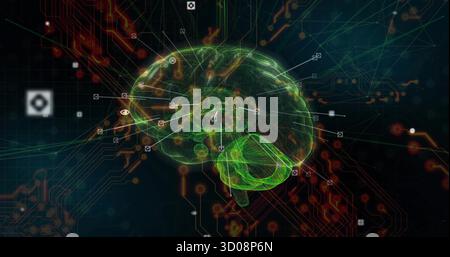 Hovering brain hologram glowing against navy cyberspace backdrop, with circuit lines and data nodes Stock Photo