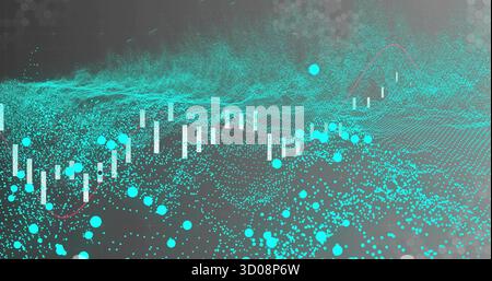Showing 3D data on grid, with white candlesticks, turquoise dots, red line, floating waveforms Stock Photo