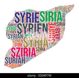 Syria country shape word cloud. Typography style country illustration. Syria image in text cloud style. Vector illustration. Stock Vector