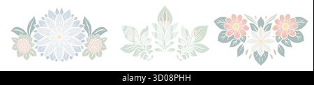 Vector set frames of decorative floral arrangement in pastel colors. Gentle collection of dividers from flowers, leaves and daisies for postcards and Stock Vector