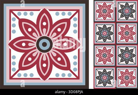 Floral patterned azulejo floor tiles abstract geometric background. Vector illustration seamless Mediterranean pattern. Portuguese floor tiles azulejo Stock Vector