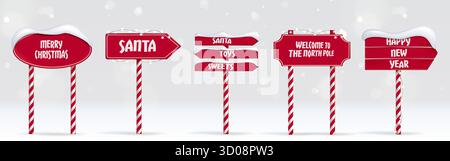 Christmas arrow sign posts set isolated on white background. Vector realistic illustration of red direction indicators with snow and garland lights, road to Santa, North Pole candy cane pointers Stock Vector