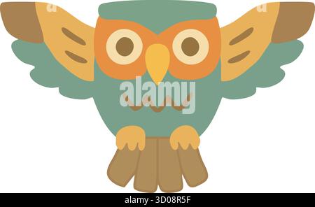 A friendly owl character in warm colors extends its wings and stands proudly with a wide symmetrical face Stock Vector
