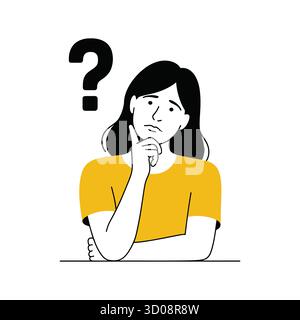 Pensive Woman with Question Mark Symbolizes Doubtful Thought Process Illustration Stock Vector