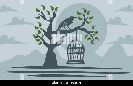 A detailed vector illustration of a crow perched on a branch near an open cage, symbolizing freedom, independence, and resilience. Perfect for concept Stock Vector