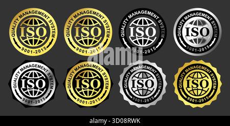 ISO 9001 Quality Management System Certification Badges for Business Standards Stock Vector