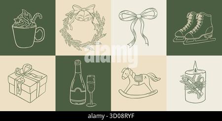 Hand draw vintage Christmas decoration set. Doodle gift box, champagne, wreaths, gift box, latte, candle, toy, ice skating vector illustration. New Ye Stock Vector