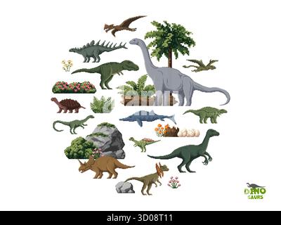 Prehistoric 8 bit pixel art dinosaurs, Jurassic era animals. Retro game isolated vector reptiles. Carbonemys, dilophosaur, tyrannosaur and dravidosaurus, pterodactyl pixel dinosaurs and jungle plants Stock Vector