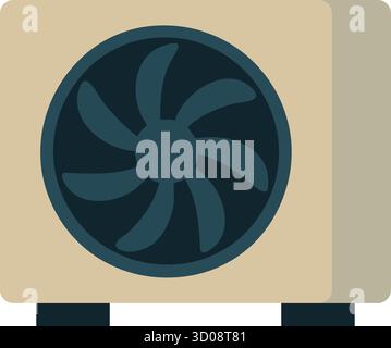 A square housing stands on feet with a large front fan, representing an air conditioner heat pump condenser Stock Vector