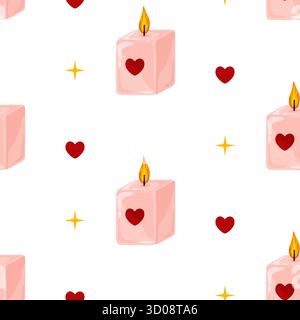 A seamless romantic pattern with pastel pink square candles decorated with red hearts, small flames, and golden stars on a white background, perfect f Stock Vector