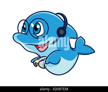 Cute Dolphin Cartoon Character Holding Game Console Stick and Wearing Headphones to Play Video Games Stock Vector