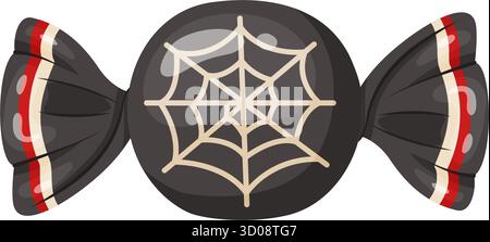 Halloween candy with cobweb in bright wrapping. flat vector style. festive decorative candy. Halloween, spooky trick or treat night. for project, party invitation, poster, greeting card, sticker. Stock Vector