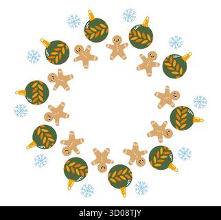 Round frame with gingerbreads and snowflakes Stock Vector