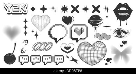 Y2K sticker and icon collection with retro pixel hearts and wireframe grids, stars and cyber aesthetic elements for digital nostalgia designs. Black and white symbols of lips, planets and sparkles. Stock Vector