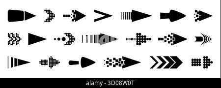 Black narrow arrow sign set with pixel, dot and geometric patterns for navigation or direction indicators. Digital pointer icons with motion lines for web interface or wayfinding system design. Stock Vector