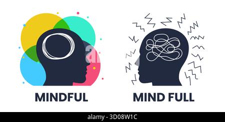 Mindful vs mind full. 2 heads with different thinking. Vector illustration Stock Vector