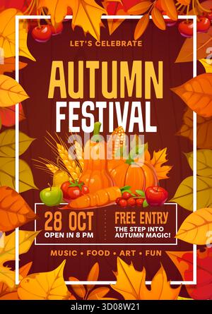 Autumn fall season festival flyer decorated with seasonal fruits, berries vegetables, and falling red, orange and yellow leaves and harvest produce promotes a festive seasonal event on October 28 Stock Vector