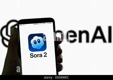 Spain. 4th Nov, 2021. In this photo illustration, the logo of the generative video social media app Sora 2 by Open AI is seen displayed on a smartphone. (Credit Image: © Davide Bonaldo/SOPA Images via ZUMA Press Wire) EDITORIAL USAGE ONLY! Not for Commercial USAGE! Stock Photo