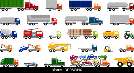various simple truck color silhouette large icon symbol set side view vector on transparent background Stock Vector