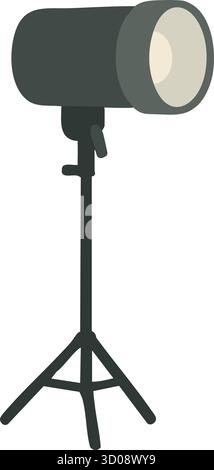 A focused spotlight with round housing is positioned on a height adjustable three leg stand for stage or studio use Stock Vector
