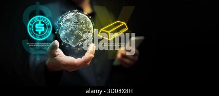 Digital world concept combining stablecoin, gold bar, and global network connection. Symbol of blockchain finance, cryptocurrency trust, and financial Stock Photo