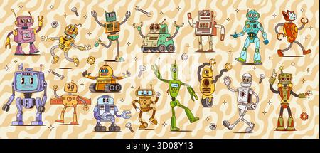 Cartoon groovy robot and droid toy characters. Cute retro space machines, vintage bot monsters, humanoid cyborgs and androids vector personages. Retro groovy robots with mechanical arms and buttons Stock Vector