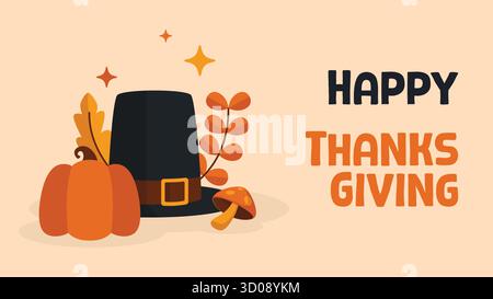 Thanksgiving greeting on a horizontal background featuring seasonal elements like pumpkin, mushroom, autumn leaves, and Pilgrim hat. Stock Vector