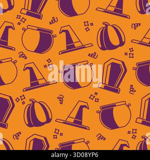 Minimalist seamless Halloween pattern with witch hats, pumpkins, cauldrons, and gravestones on orange background suitable for wrapping paper. Stock Vector