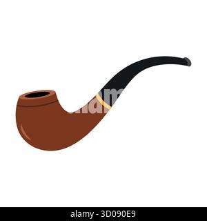 Classic Wooden Smoking Pipe Illustration. A classic smoking pipe with a brown wooden bowl and a curved black stem. The pipe features a golden ring. Stock Vector