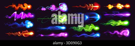 Laser and plasma blaster gun game effect of cartoon energy blast or fire beam, vector VFX set. Laser gun or plasma blaster game effects of lightning or magic energy blasts with flame shot or fireball Stock Vector