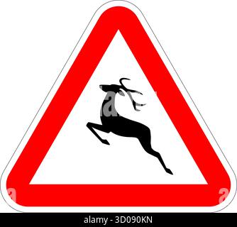 classic highway deer reindeer wildlife on road sign in white red triangle vector illustration isolated on transparent background Stock Vector