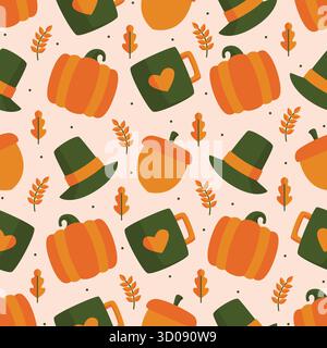 Thanksgiving themed seamless pattern featuring pumpkin, pilgrim hat, mug, and acorn ideal for wrapping paper, wallpaper, print, and textiles. Stock Vector