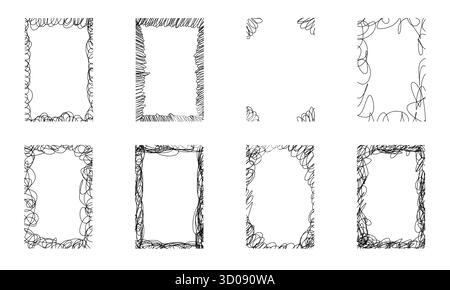 Abstract scribble frame set with doodle borders, sketch lines and chaotic strokes. Minimal hand drawn frame collection in black and white vector style Stock Vector