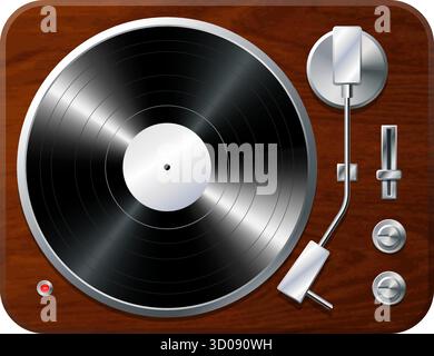 simple modern polished wood vinyl music lp record player turntable realistic top view vector isolated on transparent background Stock Vector