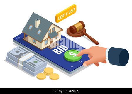 Isometric smartphone with house, money, and bid button. Concept of online real estate auction or digital property sale via mobile app. Stock Vector