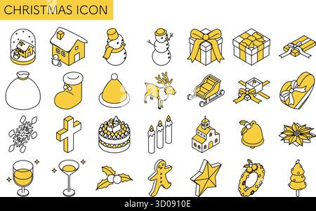 Christmas line drawing icon set Cute isometric illustrations of snowmen, trees, wreaths, and other cute winter isometric illustrations, Vector Illustr Stock Vector