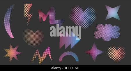Halftone abstract geometric set dotted y2k trendy decoration. Gradient retro pixel, grain effect. Pop art style dotted hearts, isolated on white . Vector illustration Stock Vector