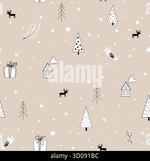 Winter cartoon seamless pattern with trees, houses, present gifts, and deer. Vector illustration Stock Vector