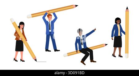 Four professionals actively collaborating in a contemporary workspace. They are holding large pencils, symbolizing creativity and brainstorming. Each Stock Vector