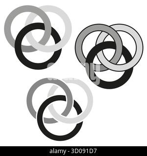 Overlapping circle shapes. Intertwined round rings. Grey shadow effect. Vector abstract geometry. EPS 10. Stock Vector