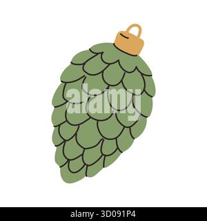 A green pine cone ornament features distinct, overlapping scales and a small golden loop for hanging. This decorative piece is perfect for celebration Stock Vector