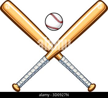 simple classic baseball 2 twin crossed baseball bats wood with cartoon shaded base ball vector isolated on transparent background Stock Vector