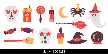 Halloween bats, cats silhouette set, doodle icons Stock Vector