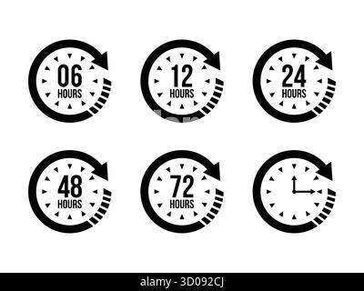 Vector illustration of 6, 12, 24, 48, and 72 hours clock arrow icons. Perfect for representing work time, delivery, and service duration symbols. Clea Stock Vector