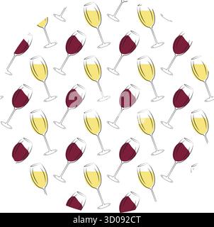 Outline Wine Glass and Spots as White and Red Wine Pattern on Round Backdrop Minimalist Design idea. Isolated Vector illustration Wine Day Greetings Thematic Cards Menu Promo Leaflets Banner Price tag Stock Vector