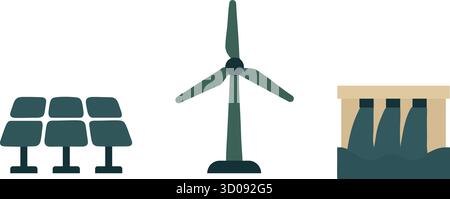 A landscape strip displays PV arrays, a wind turbine, and an industrial plant to illustrate diverse power sources Stock Vector