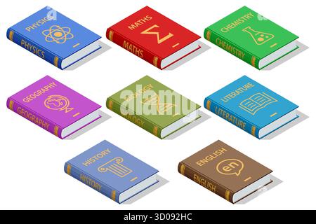 Isometric set of colorful subject textbooks physics, math, chemistry, biology, literature, history, geography, and English. Stock Vector